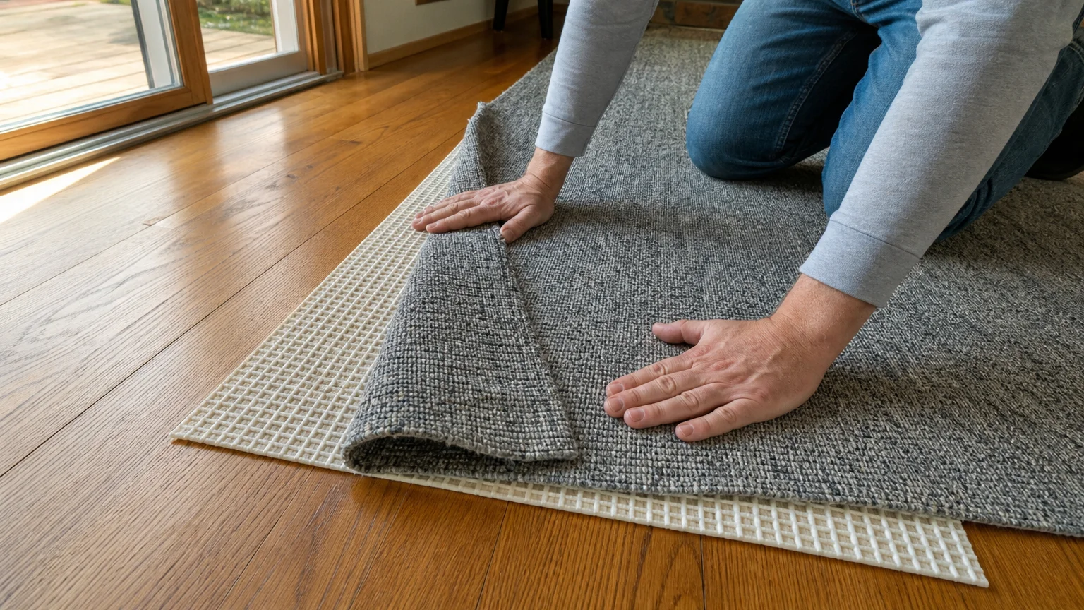 Close-up of hands laying a low-pile rug over a non-slip rug pad on a hardwood floor.