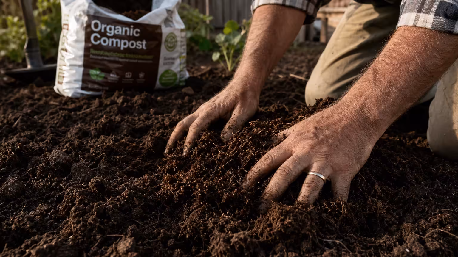 Close-up of hands mixing dark compost into soil in a garden bed.