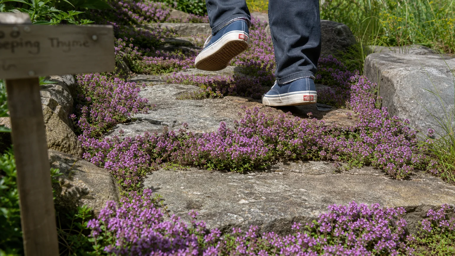 Close-up of pink flowering Creeping Thyme growing between garden flagstones with a person walking on them.