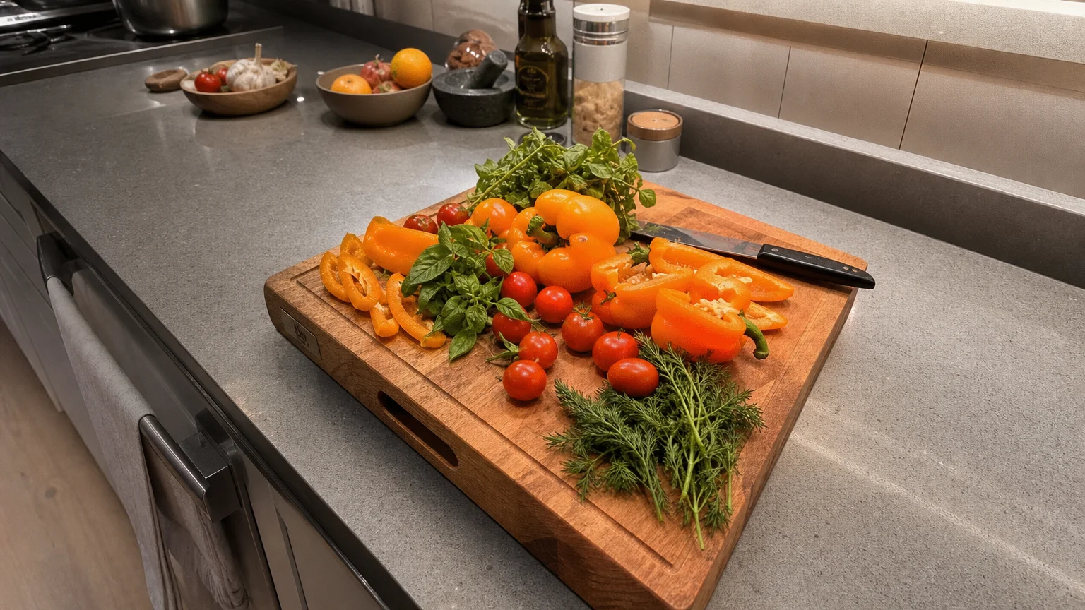 Close-up of vibrant vegetables on a wooden cutting board illuminated by bright under-cabinet LED task lighting.