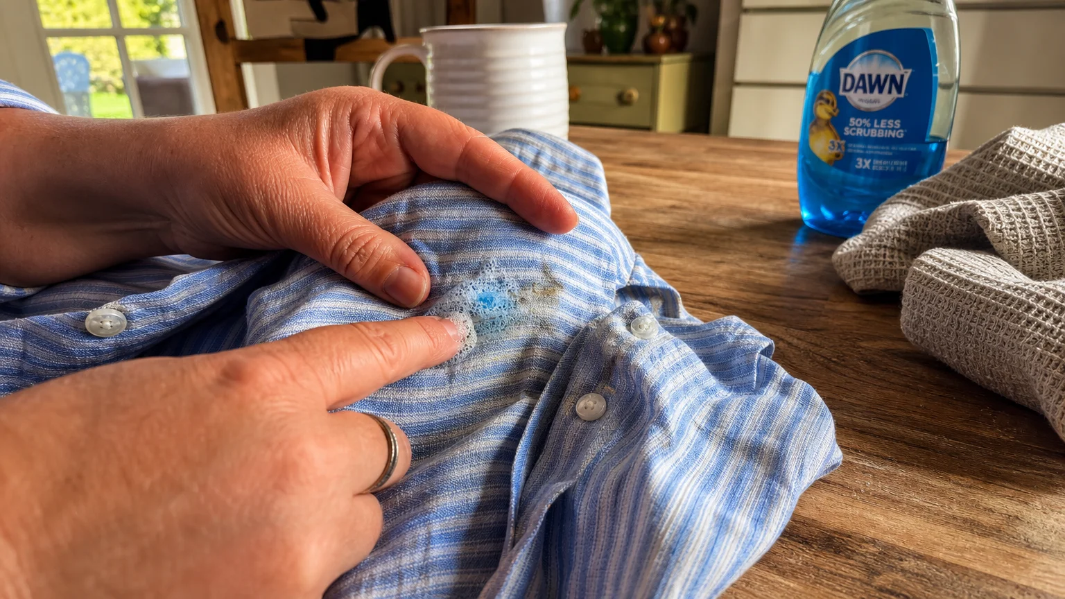 Close-up photo of hands gently rubbing a drop of blue dish soap into a grease stain on a striped cotton shirt.