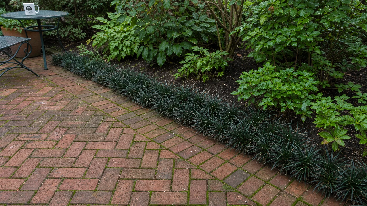 Dark green tufts of Dwarf Mondo Grass used as a clean, weed-free border along a red brick patio.