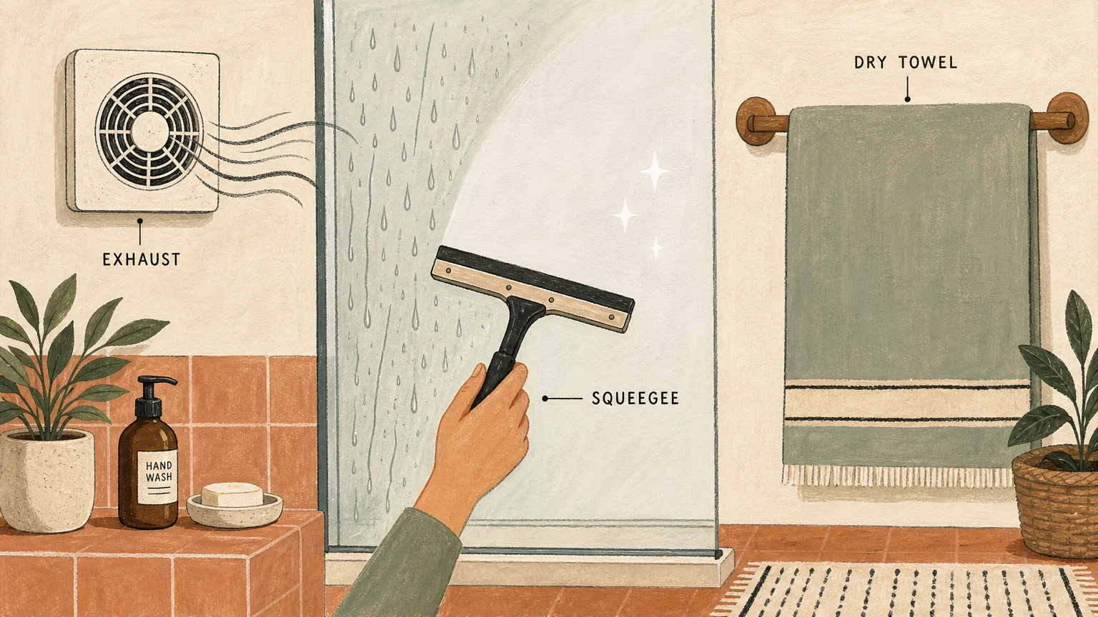 Editorial illustration showing a bathroom ventilation fan, a squeegee wiping a glass pane, and a towel spread flat on a bar.