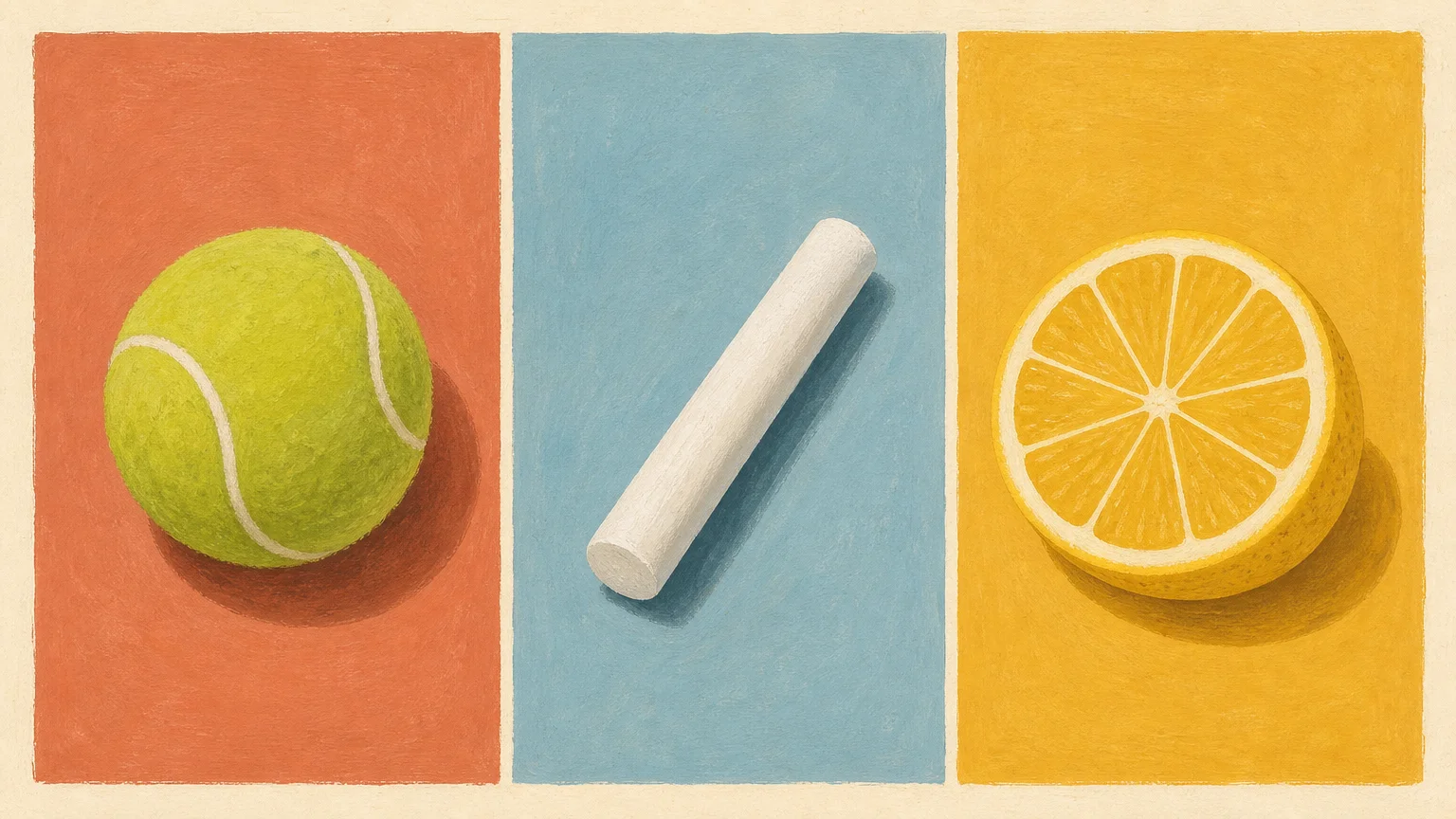 Gouache flat-lay illustration of a tennis ball, a stick of white chalk, and a lemon half in colored panels.