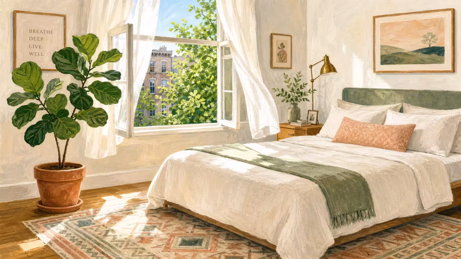 Gouache illustration of a clean bedroom with an open window, fresh air, plants, and a flatweave rug.
