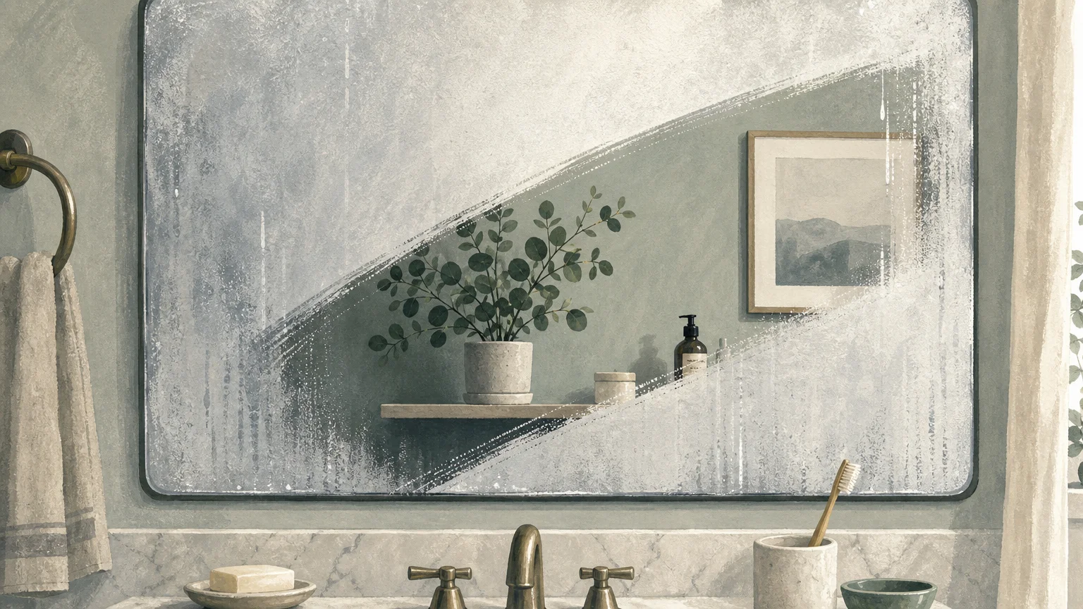 Gouache illustration of a foggy bathroom mirror with a clean diagonal swipe showing a reflection of a eucalyptus plant.