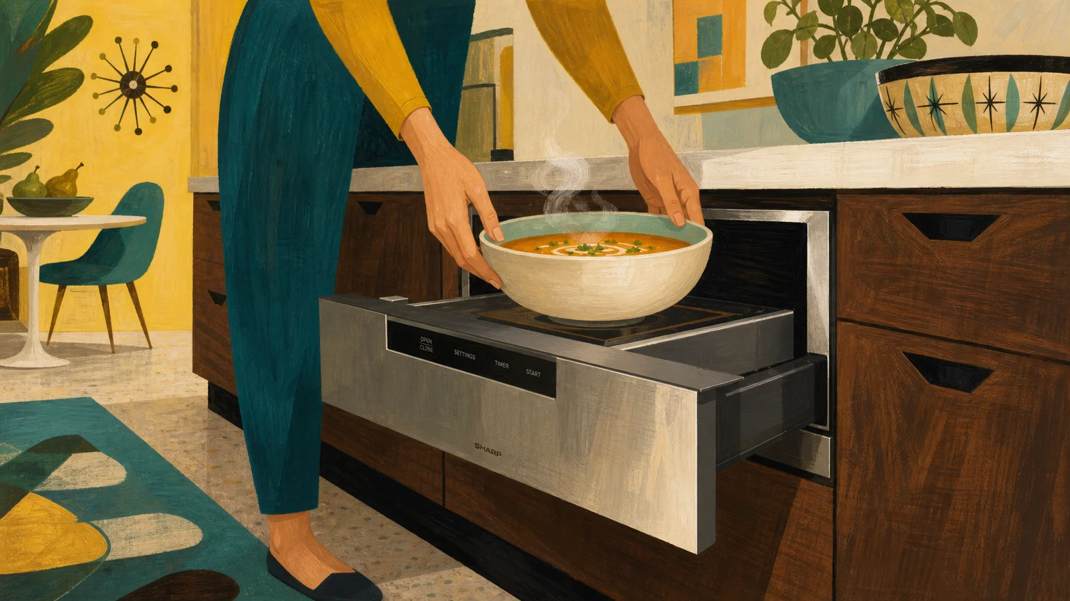 Gouache illustration of a kitchen island showing a microwave drawer glided open at waist height for easy lifting.