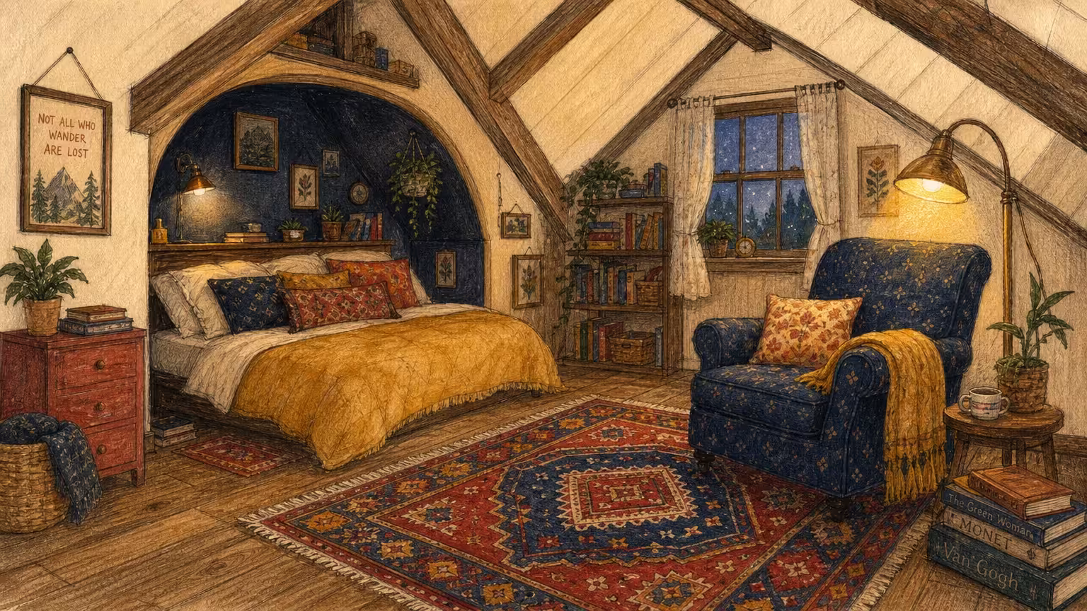 Gouache illustration of an attic bedroom with an asymmetrical rug anchoring a cozy reading nook.