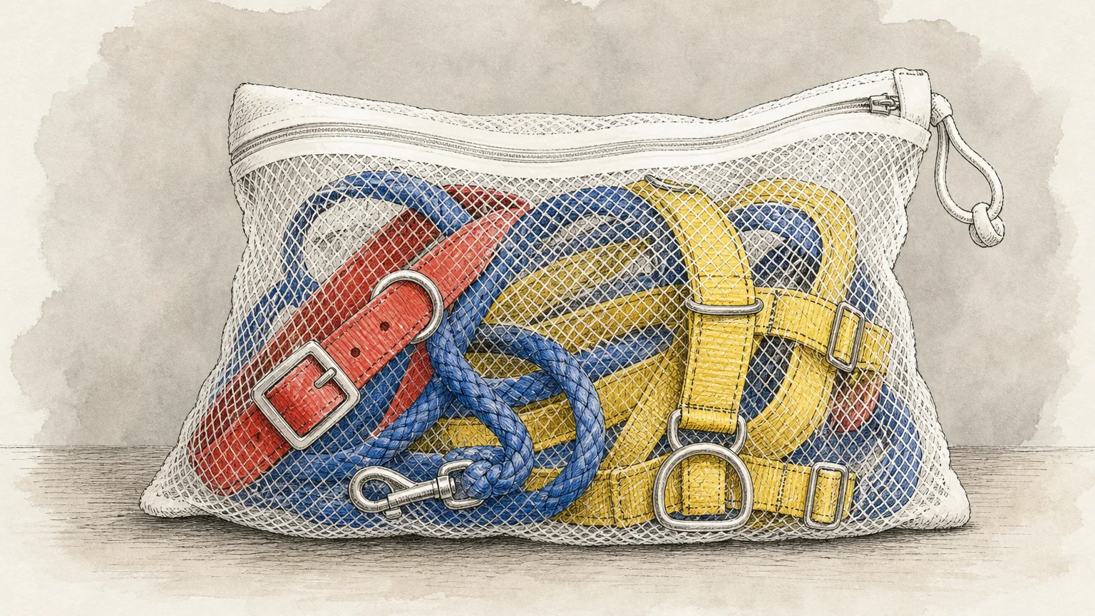 Illustration of a mesh laundry bag containing a red collar and a blue leash.