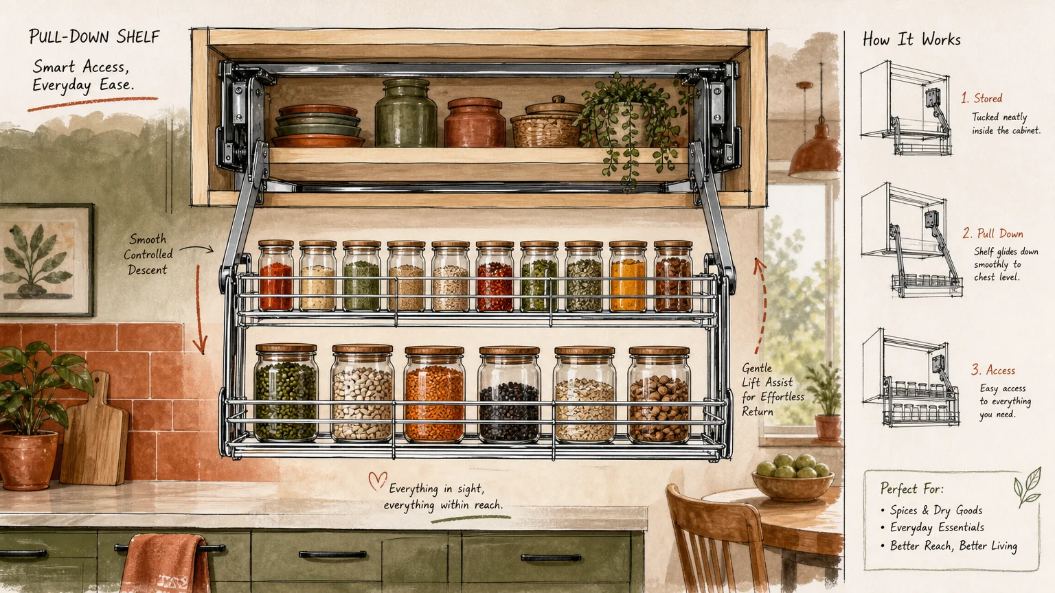 Illustration of a pull-down wire shelving rack smoothly lowering spices out of an upper cabinet to chest height.