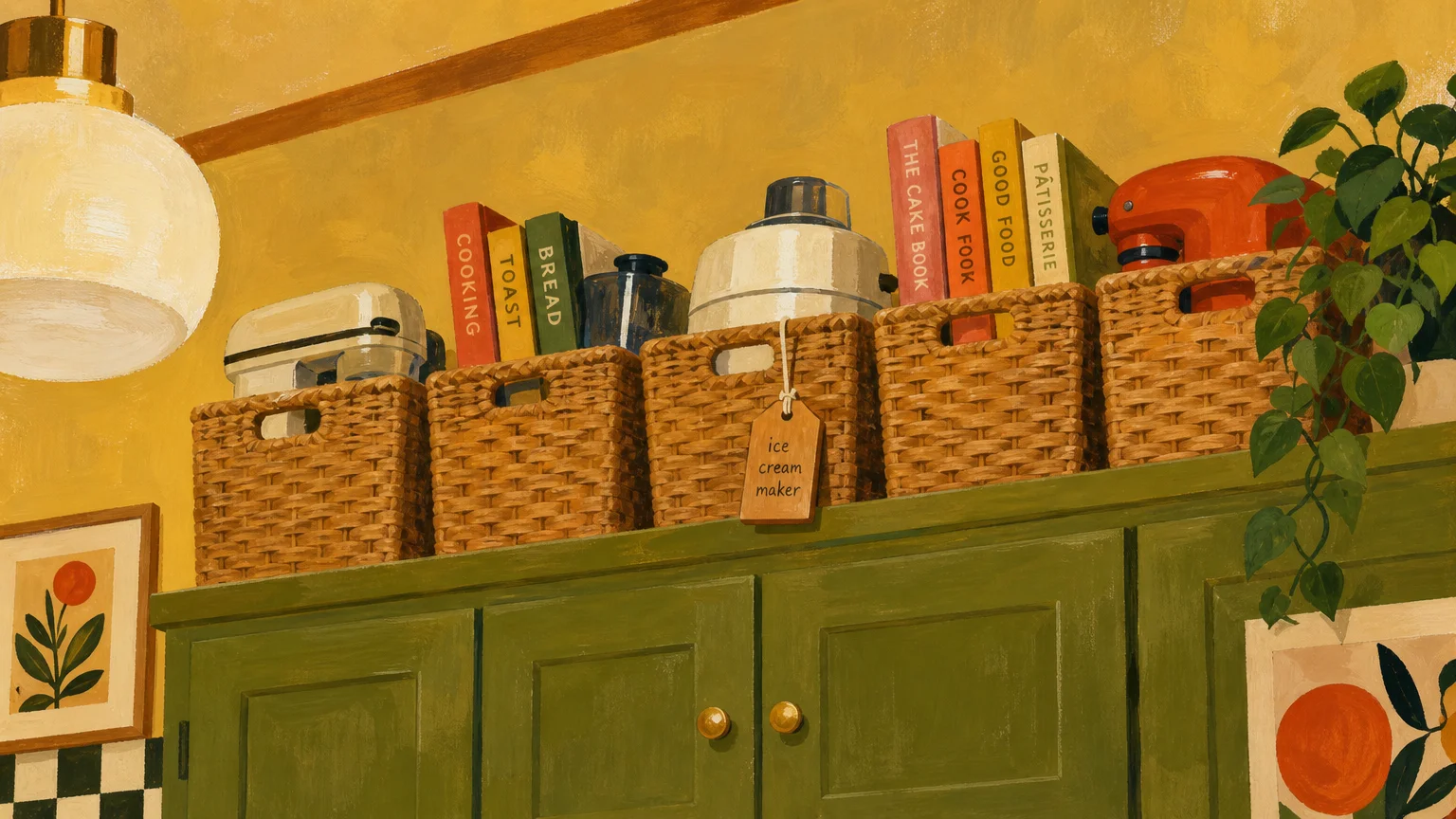 Illustration of woven baskets neatly arranged in the empty space above kitchen cabinets.