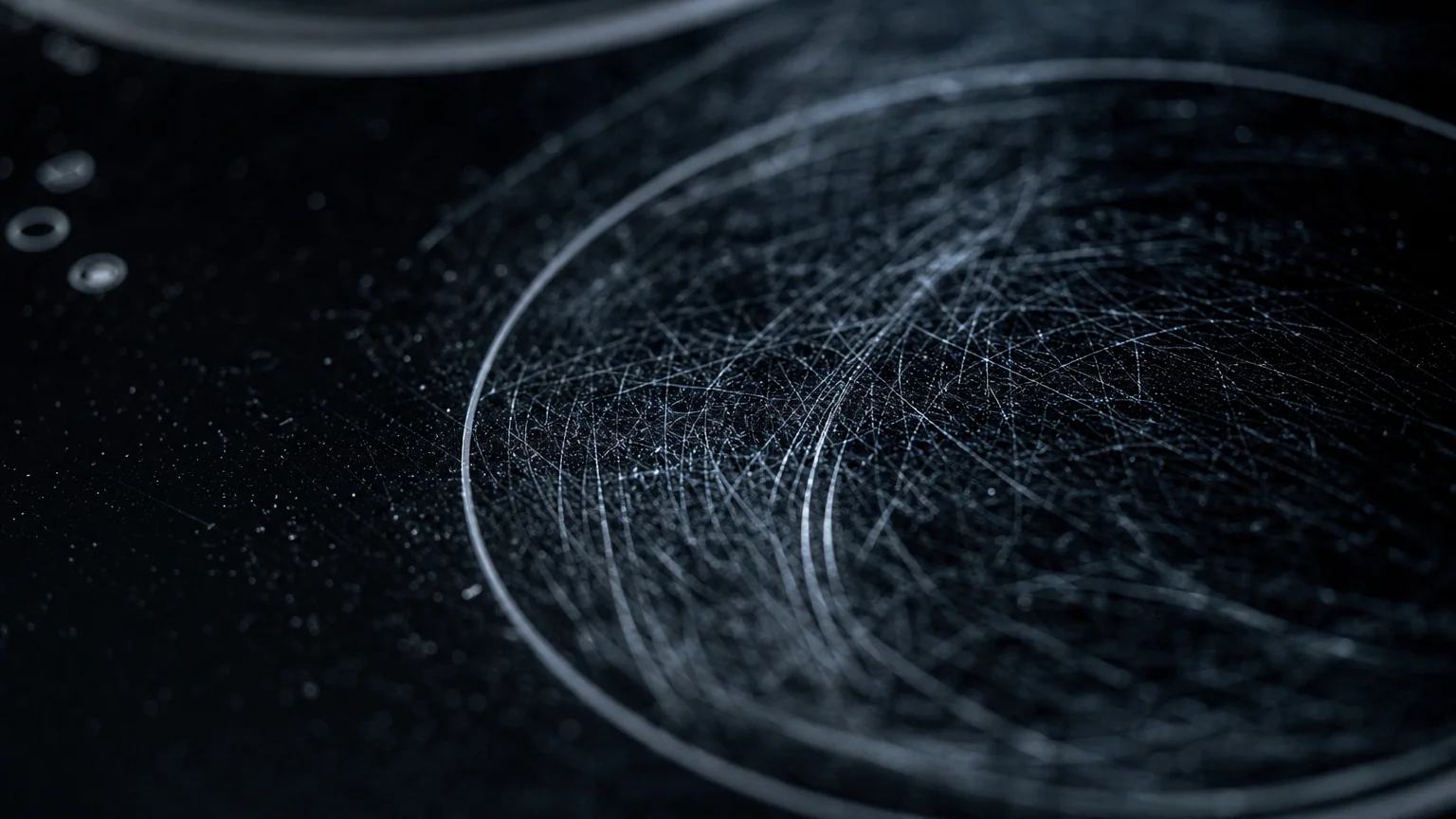 Macro photograph of a black glass cooktop covered in fine scratches from steel wool.