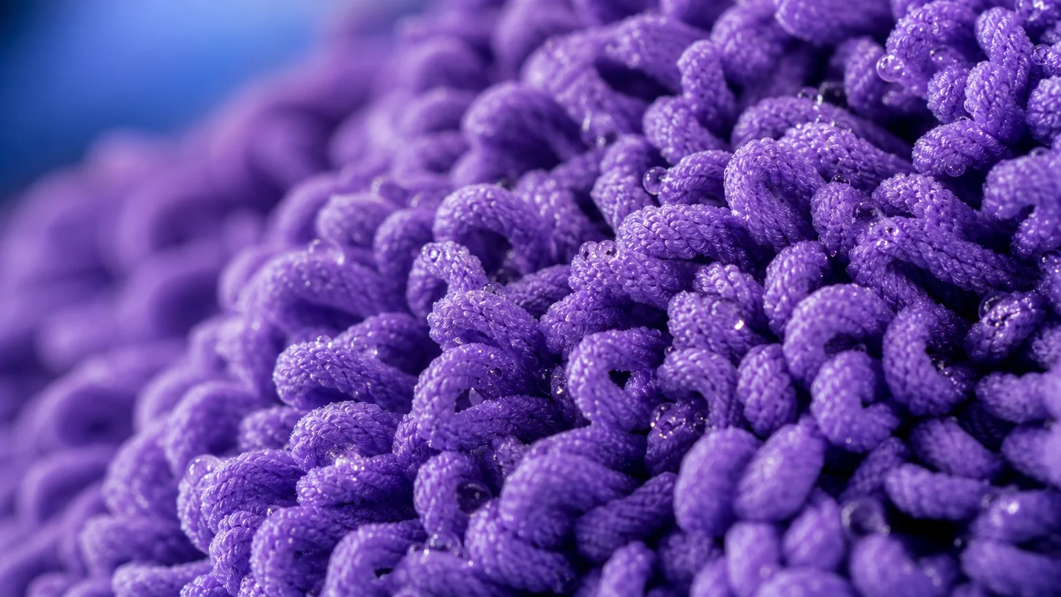 Macro photograph of the dense, purple fibers of a clean microfiber mop head.