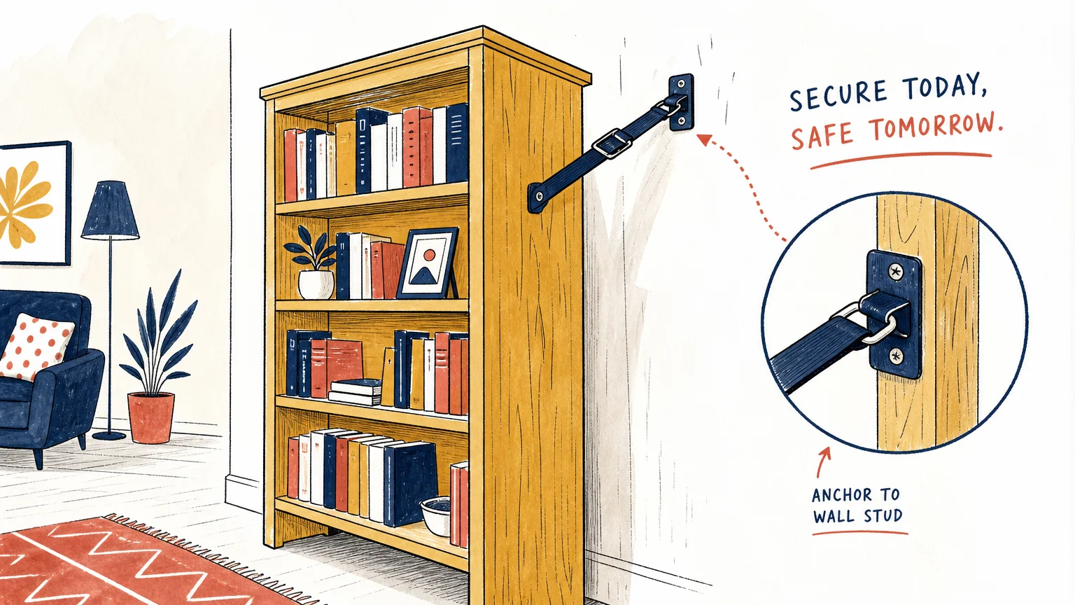 Minimalist illustration of a tall bookshelf securely anchored to a wall for safety.