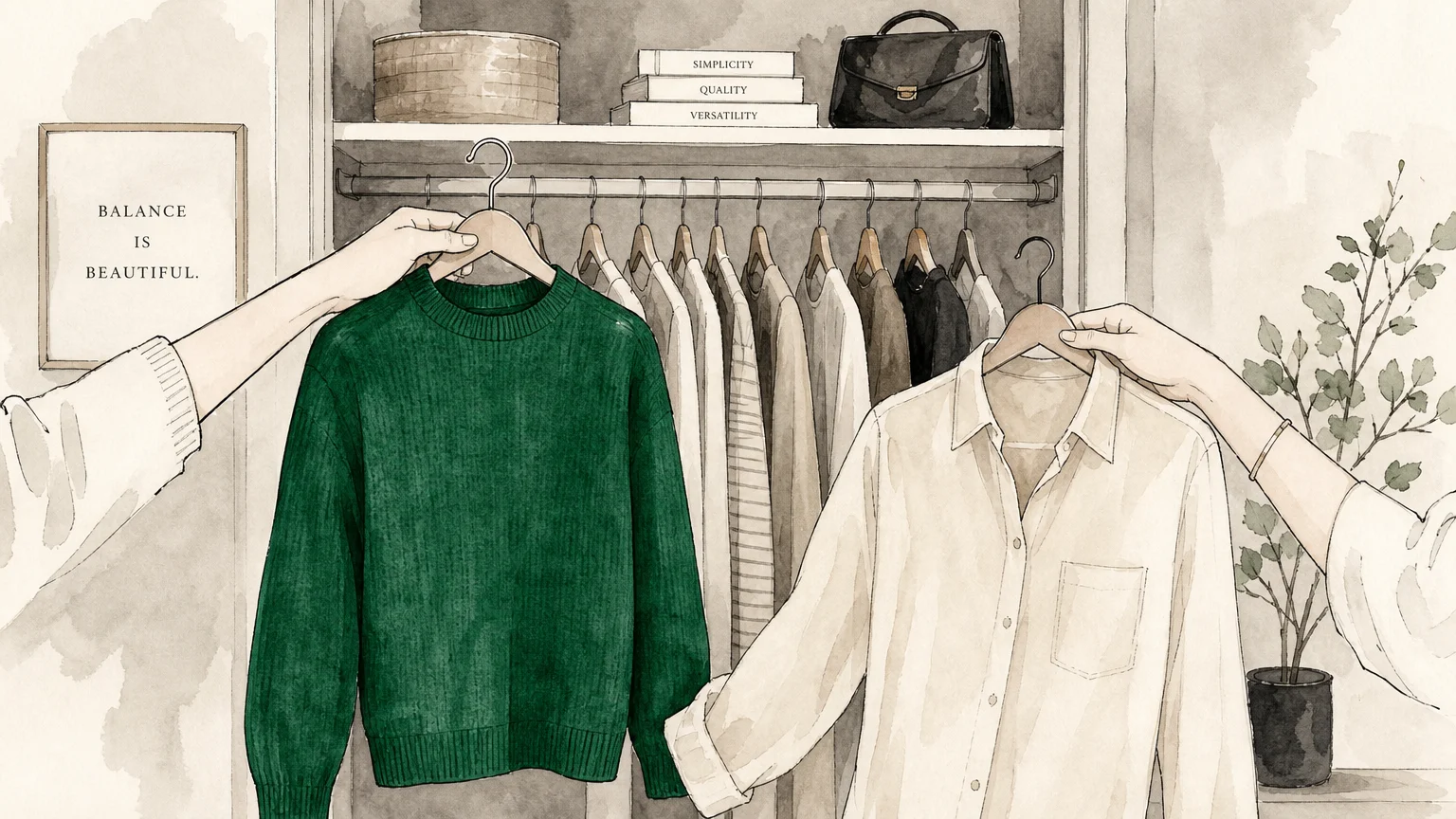 Stylized illustration of one item entering a wardrobe while another is removed, showing the one-in-one-out rule.