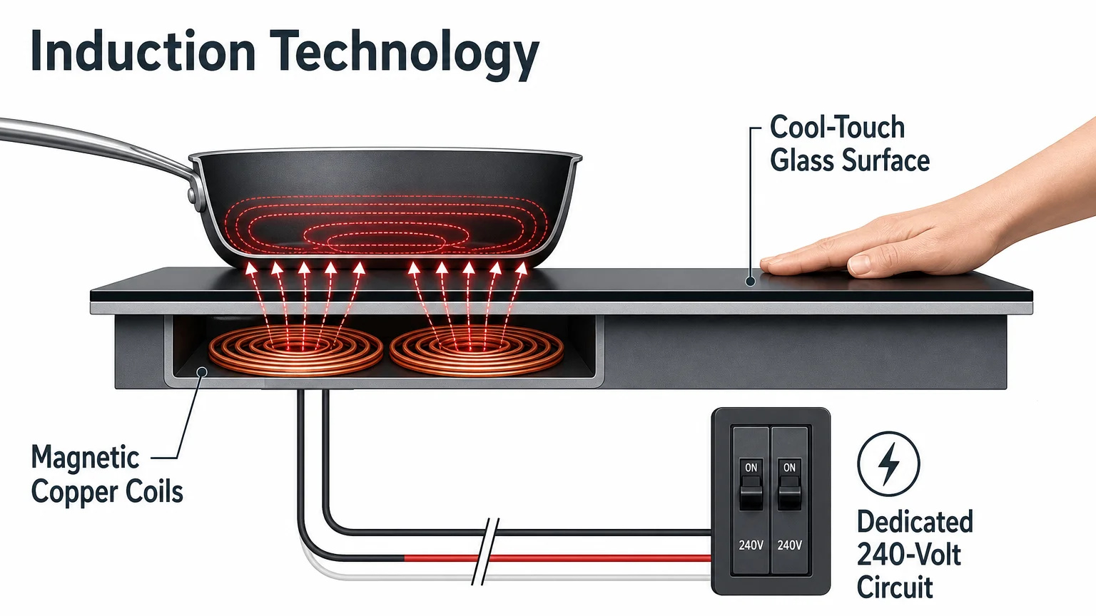 Technical diagram showing how magnetic copper coils heat a pan directly while keeping the induction glass surface cool.