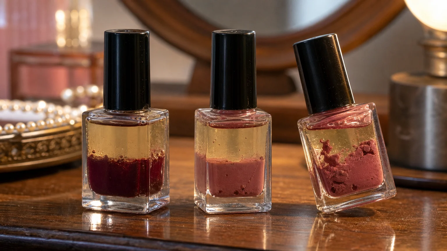 Three glass bottles of nail polish showing clear separation of pigment and oil layers.