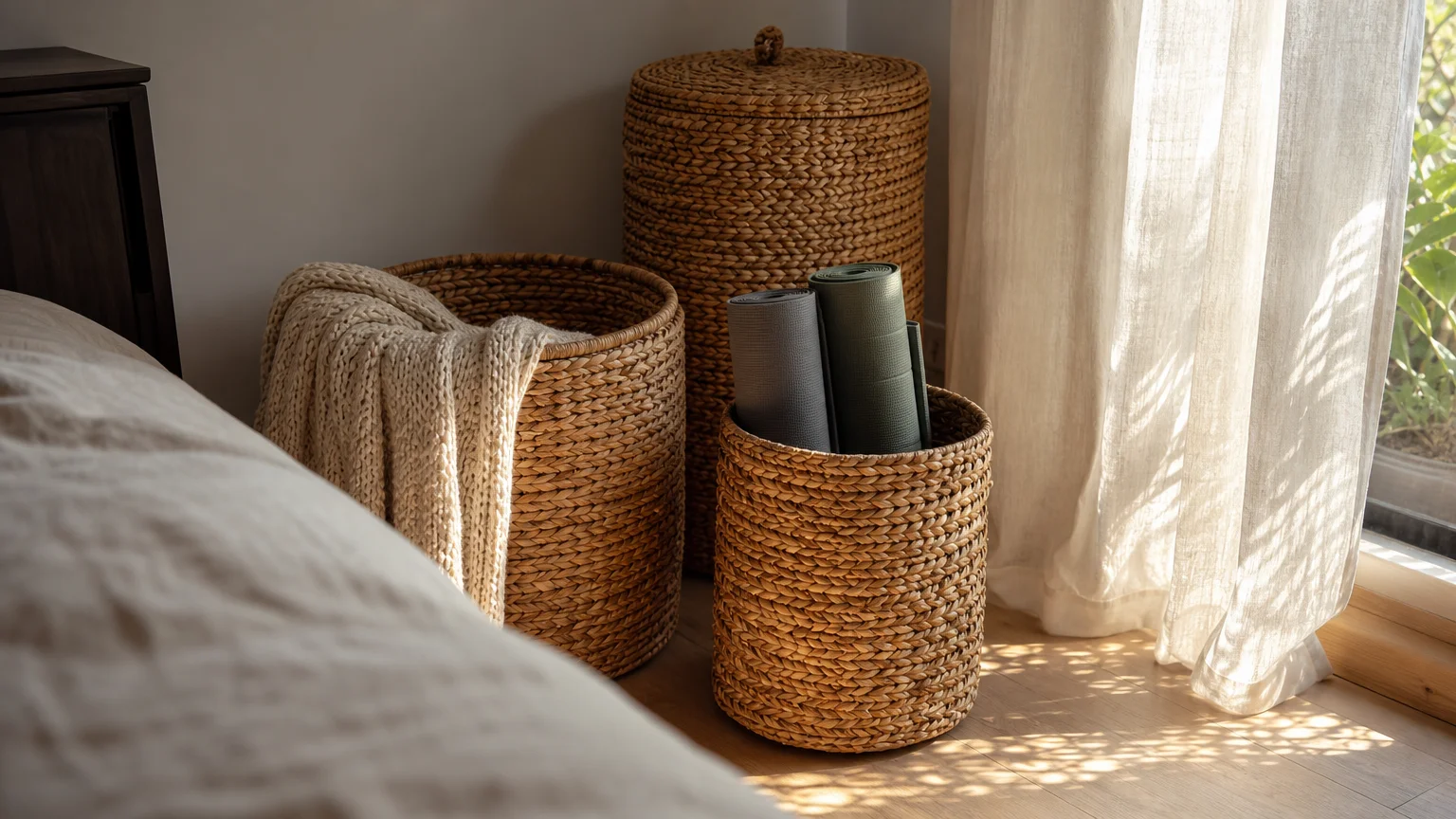 Three textured woven baskets of varying heights sitting on a wooden floor in warm morning sun, holding a knit blanket.