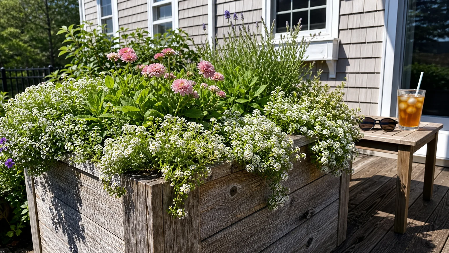Tiny white Sweet Alyssum flowers overflowing from a wooden planter box on a sunny backyard deck.
