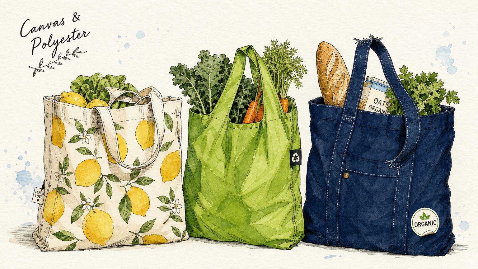 Watercolor drawing of colorful reusable grocery bags made of canvas and polyester.