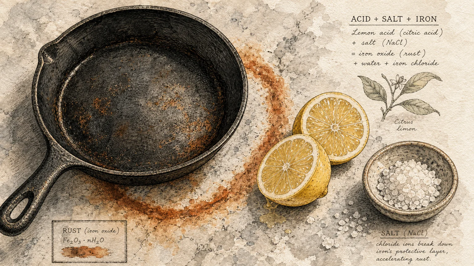 Watercolor illustration of a cast iron pan leaving a rust ring on a counter next to a lemon half and salt.