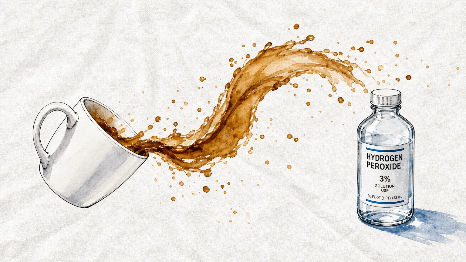 Watercolor illustration of a coffee cup tilting with a splash of brown liquid next to a bottle of hydrogen peroxide.