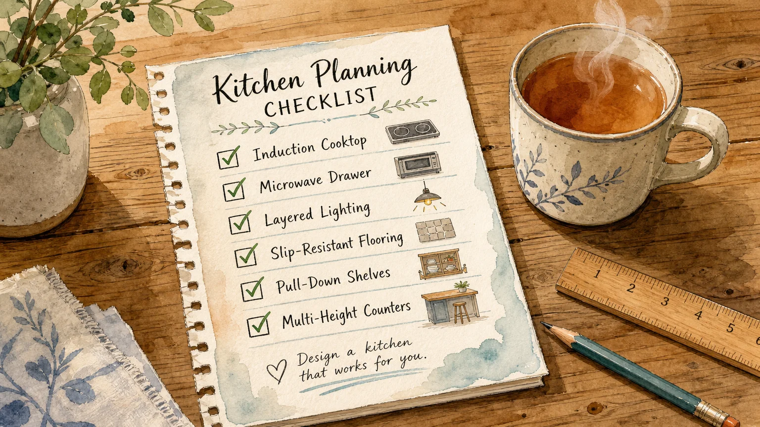 Watercolor illustration of a kitchen remodeling checklist next to a warm mug of tea on a wooden table.