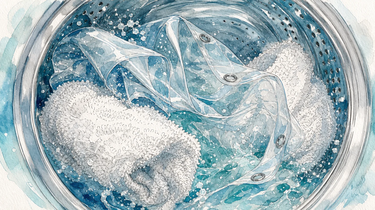 Watercolor illustration of a plastic shower liner and towels swirling together in a wash cycle.