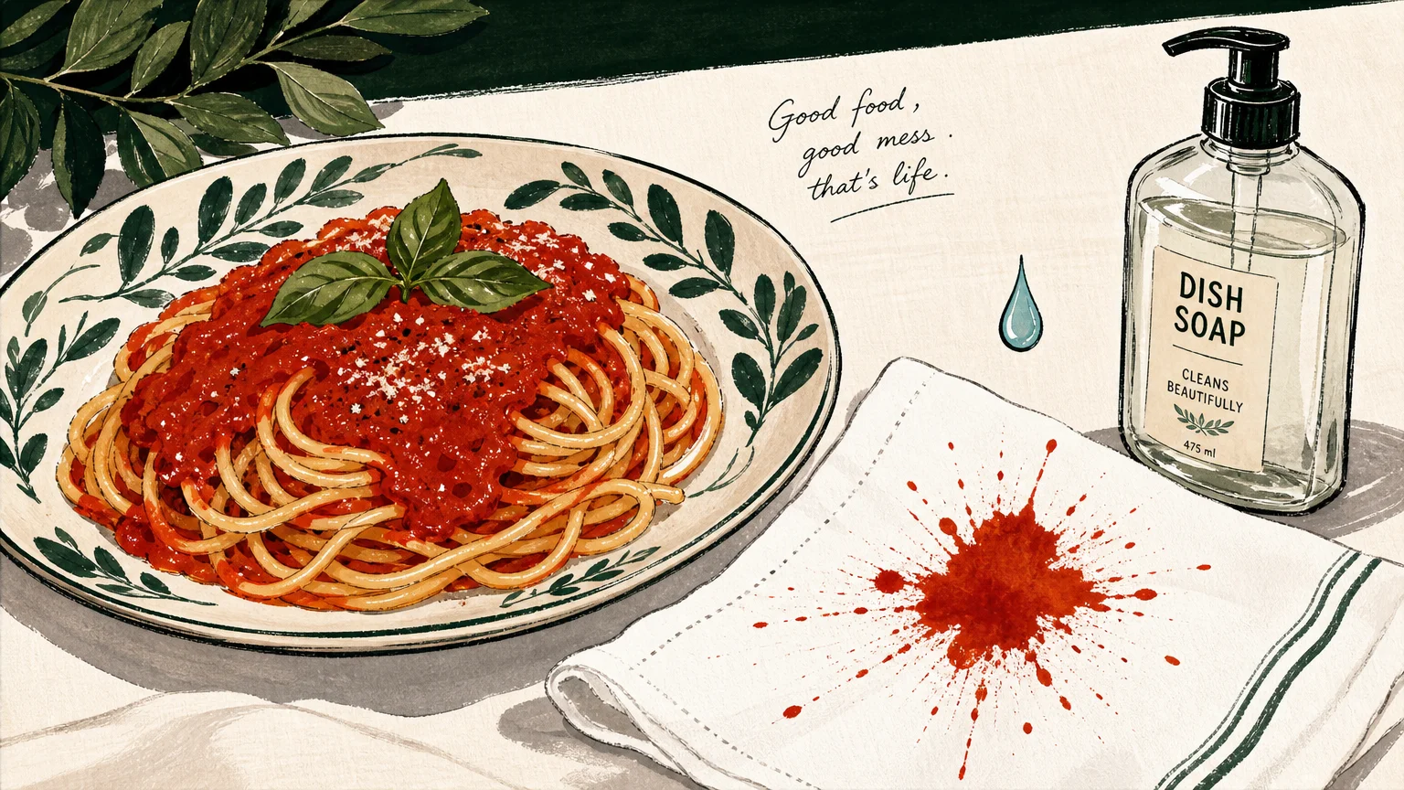 Watercolor illustration of a plate of pasta with a red sauce splatter on a white napkin next to dish soap.