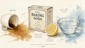 Watercolor illustration of a spilled coffee cup, baking soda box, and lemon slice on a textured paper background.