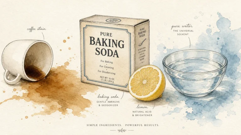 Watercolor illustration of a spilled coffee cup, baking soda box, and lemon slice on a textured paper background.