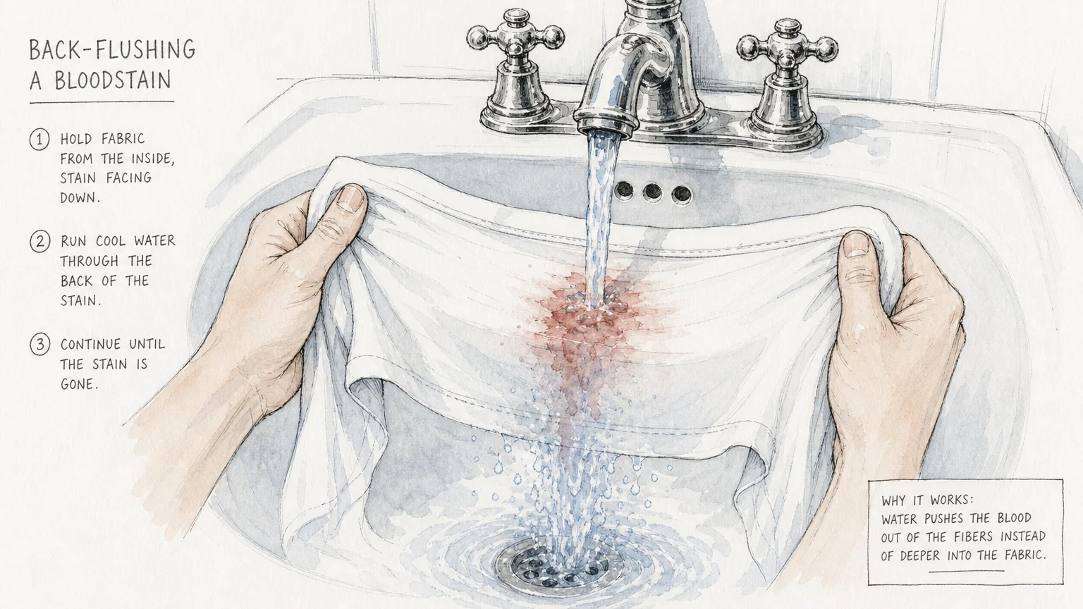 Watercolor illustration of a white t-shirt held under running cold water to flush out a stain.