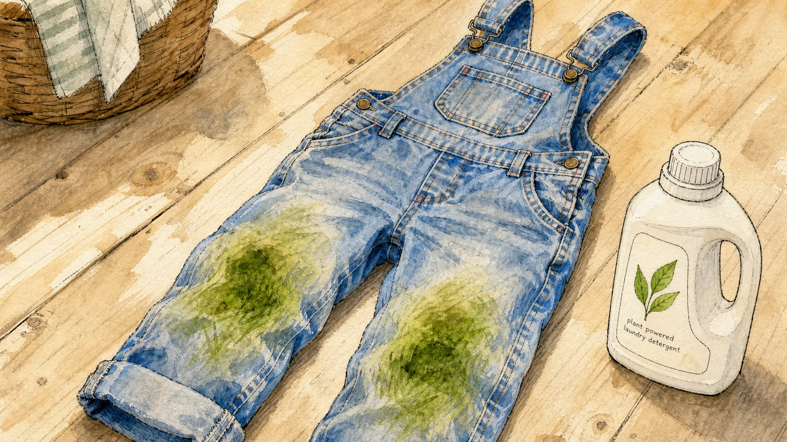 Watercolor illustration of blue denim overalls with green grass stains on the knees next to a detergent bottle.
