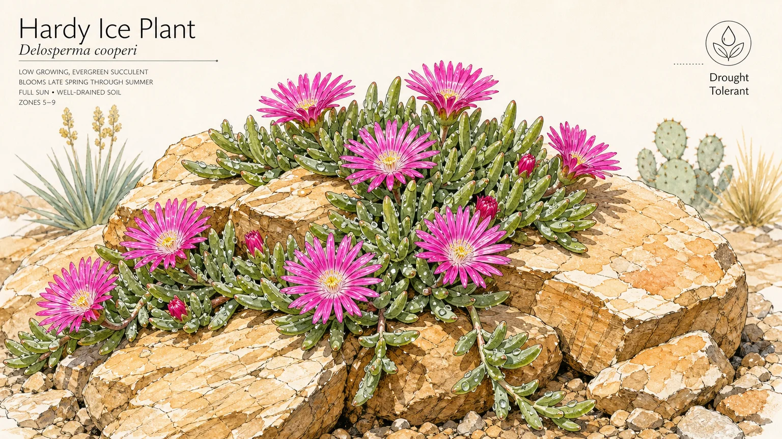 Watercolor illustration of bright pink Hardy Ice Plants growing over rocks in a sunny, dry landscape.