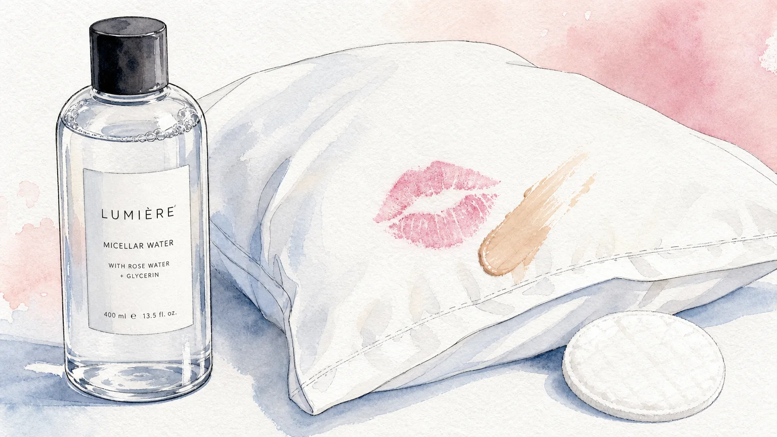 Watercolor illustration of cosmetic smudges on a pillowcase next to a bottle of micellar water and a cotton pad.