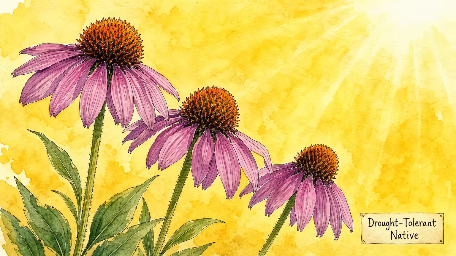Watercolor illustration of purple coneflowers with spiky orange centers under a bright sun.