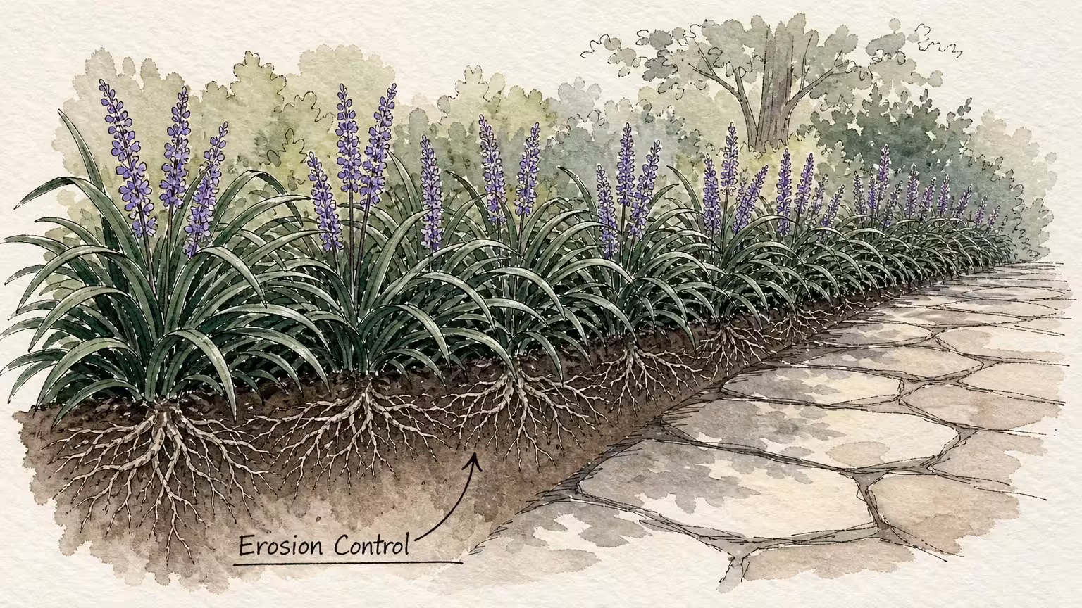 Watercolor illustration of purple-spiked Liriope plants used as a border along a walkway.