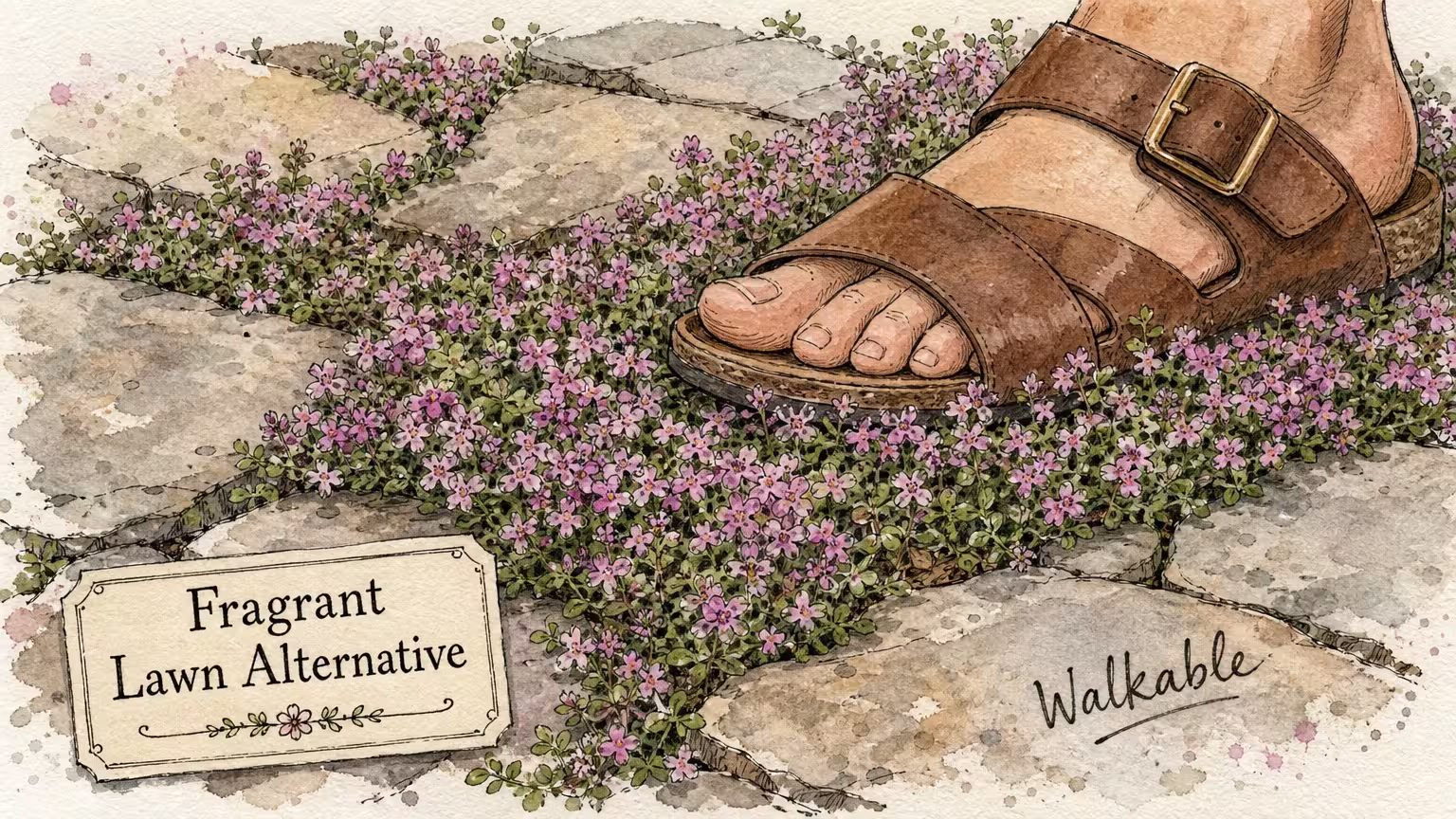 Watercolor of pink creeping thyme flowers growing between stepping stones, with a foot stepping on them.