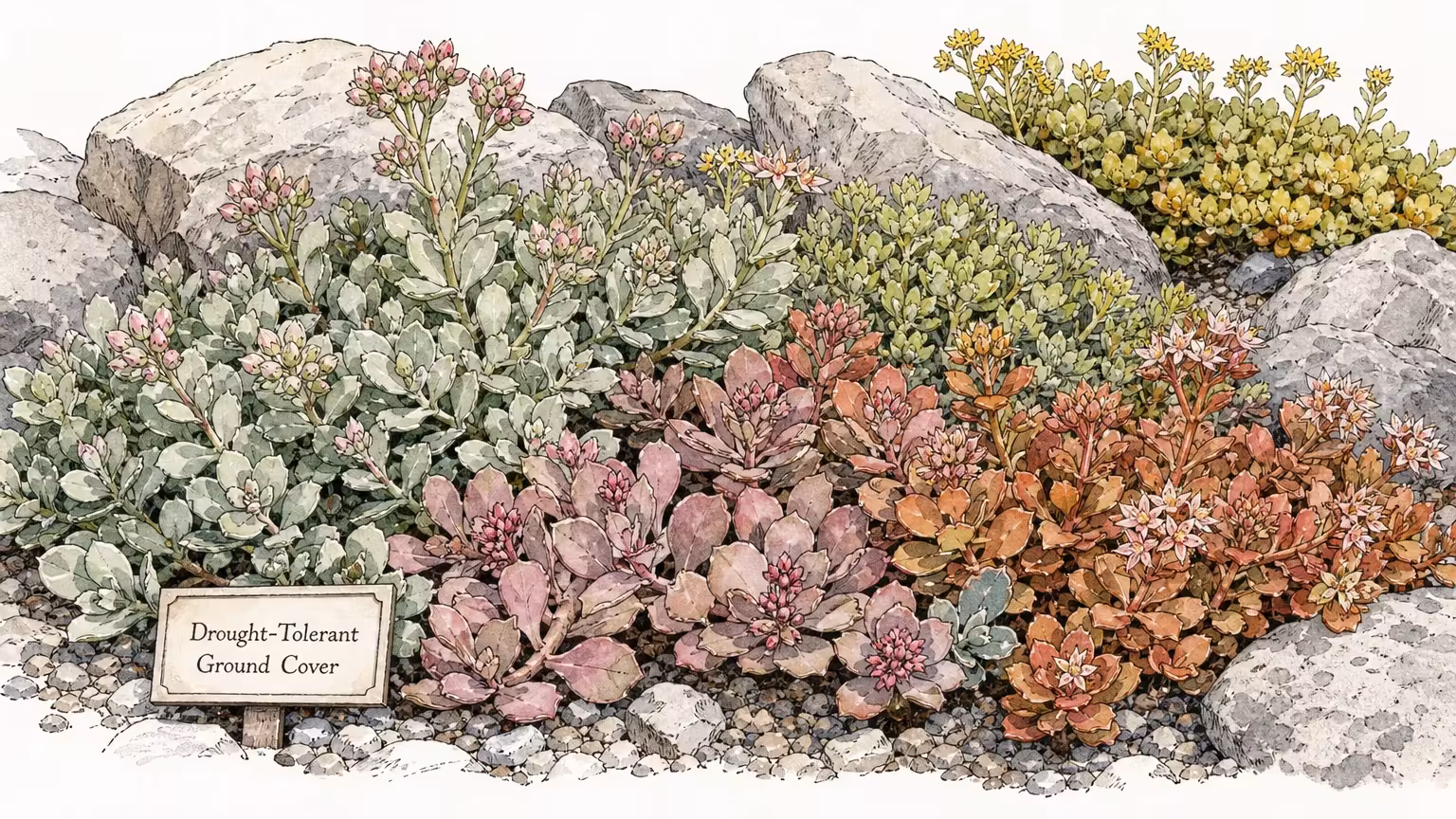 Watercolor painting of succulent sedum plants growing between garden rocks.