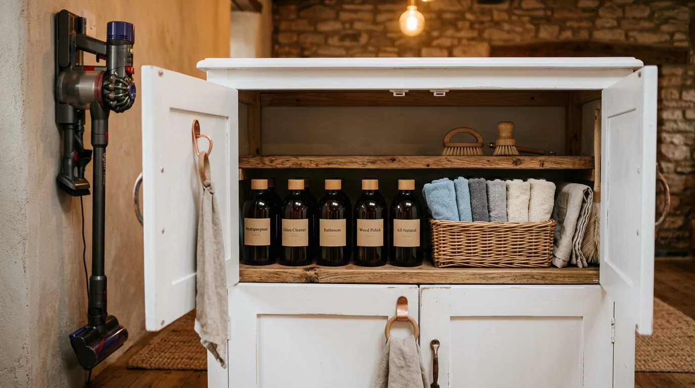 A beautifully organized cleaning closet with shelves holding glass bottles, folded cloths, and baskets in warm, soft light.