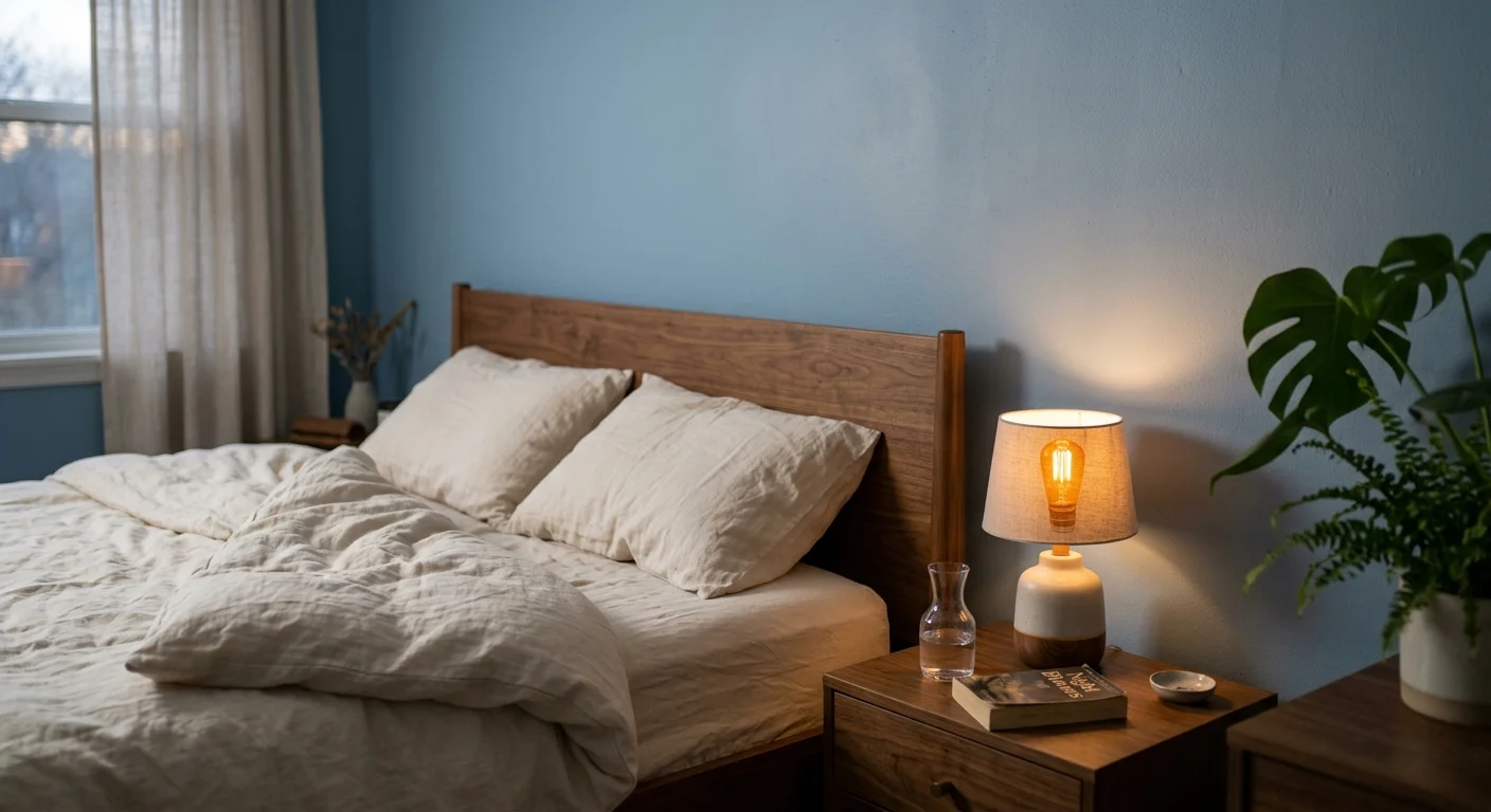 A bedroom corner featuring a dusty powder blue wall, warm walnut wood headboard, and a softly glowing amber bedside lamp.