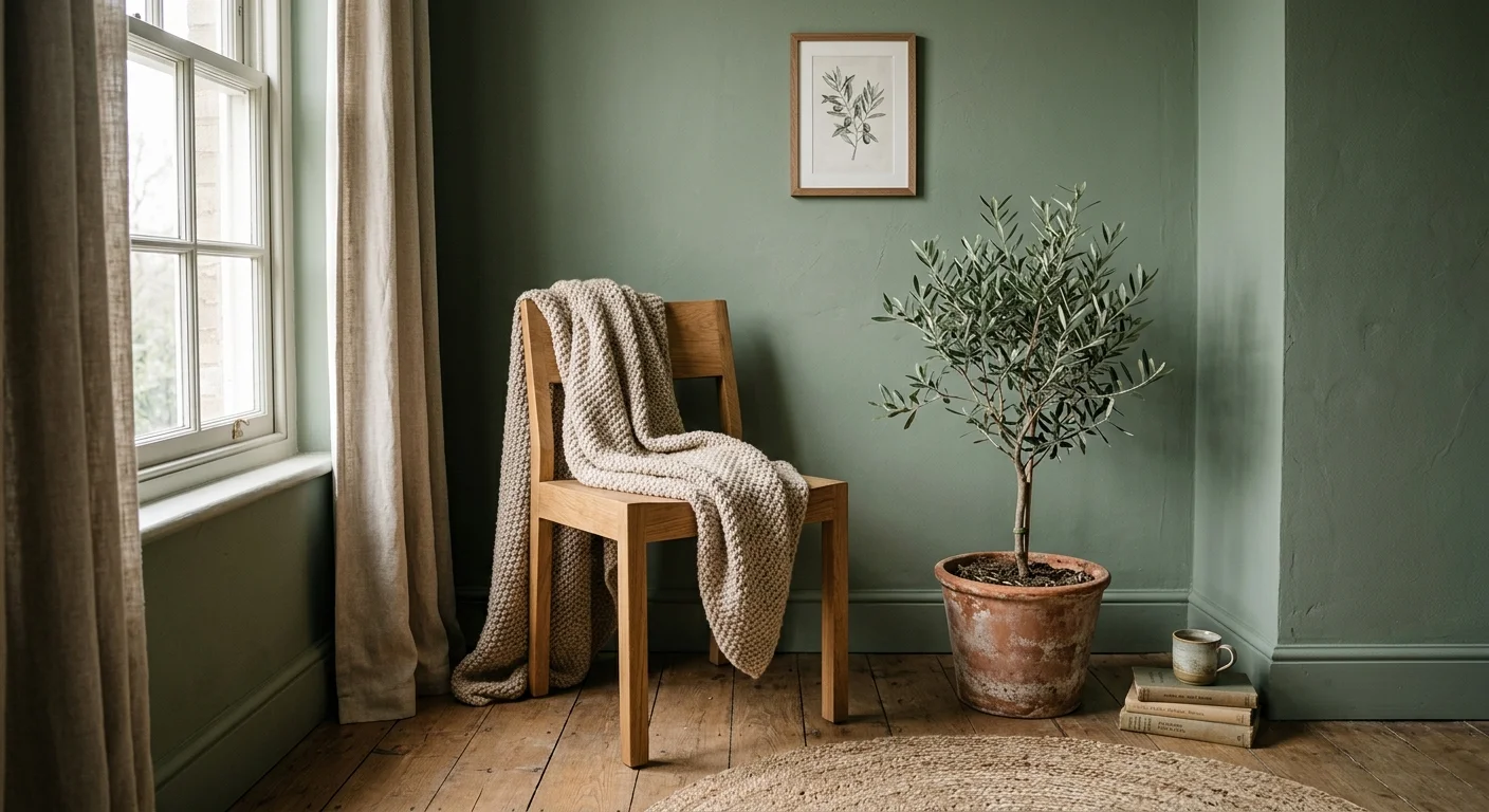 A bedroom corner with a matte sage green wall, a potted olive tree, and a cozy beige knit blanket on an oak chair.