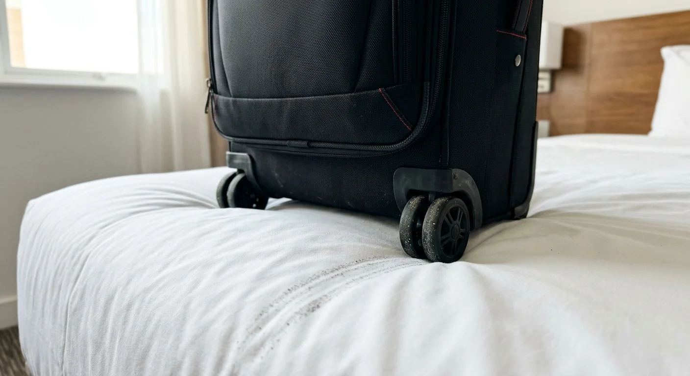 A black rolling suitcase sitting on a white hotel bed duvet, leaving dirty wheel marks on the fabric.