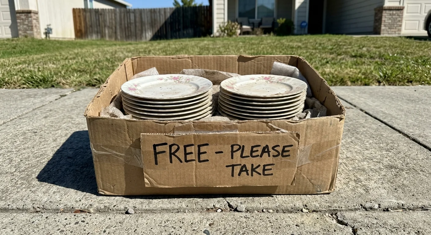 A box of vintage floral fine china plates sitting on a suburban sidewalk with a cardboard sign that reads 'Free.'