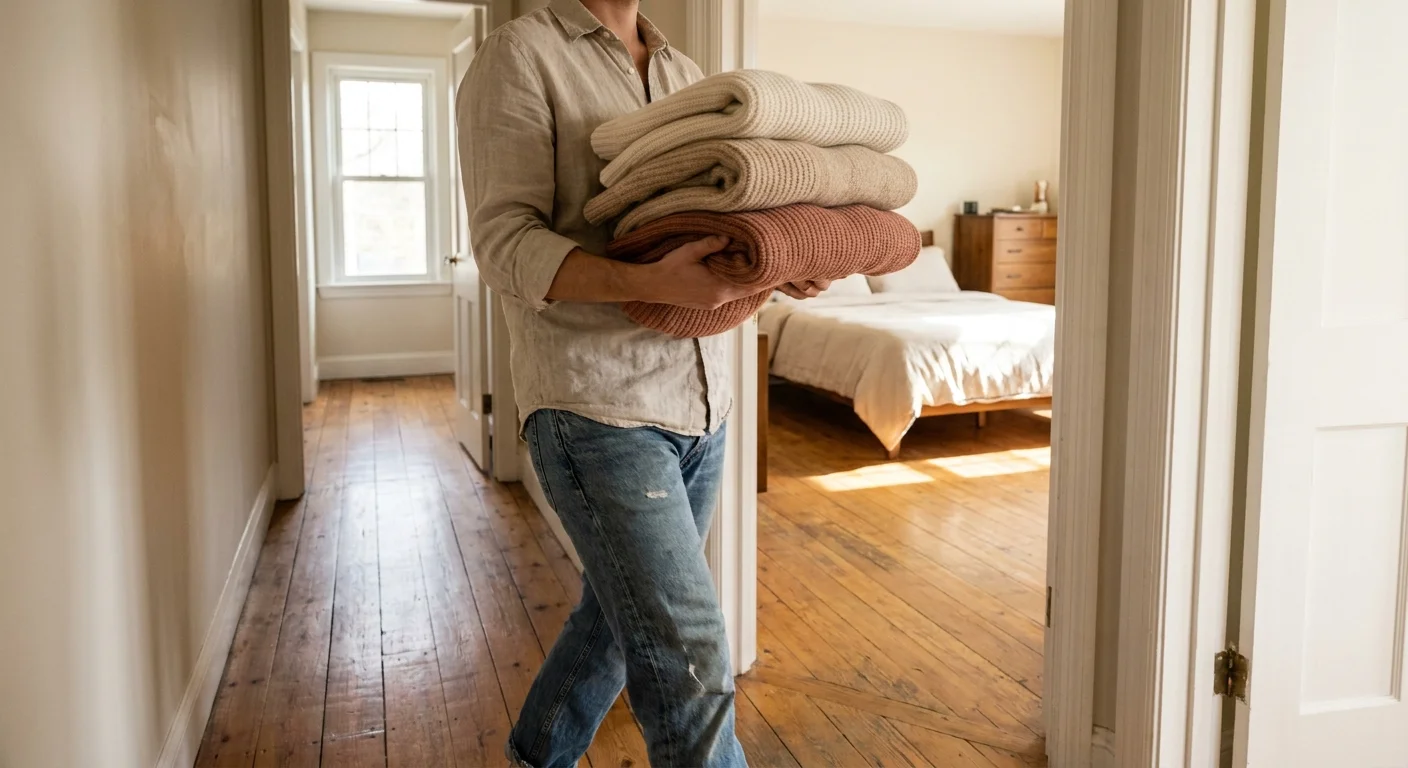 A candid home photo of a person carrying a small, neat stack of folded knit sweaters down a sunlit wooden hallway.