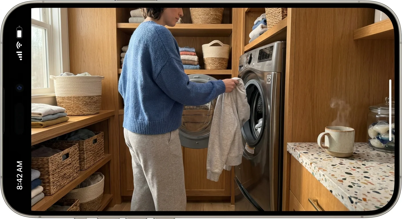 A candid morning photo of a person placing a single shirt into a washing machine next to a steaming coffee mug on the counter.