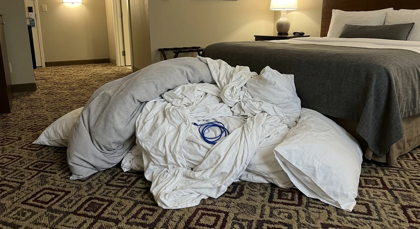 A candid photo of a tangled pile of white hotel sheets left on the floor next to a bed, with a phone charger tangled inside.