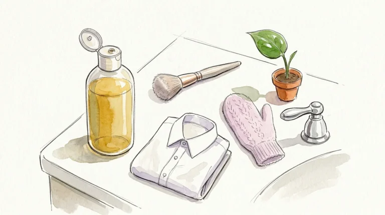 A charming watercolor and ink illustration of a shampoo bottle next to a makeup brush, a collared shirt, and a houseplant.
