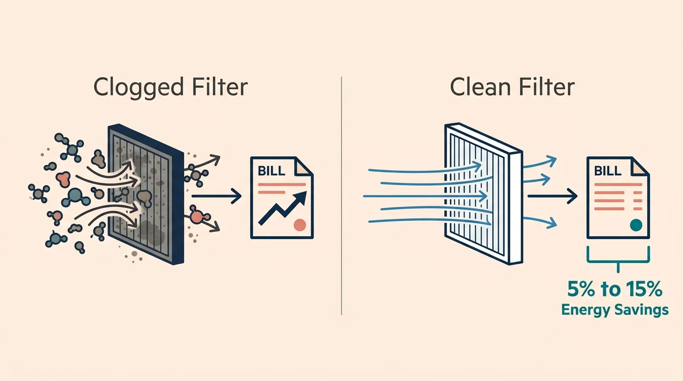 A clean comparison diagram showing how a clean AC filter allows smooth airflow and yields 5% to 15% energy savings compared to a clogged fil