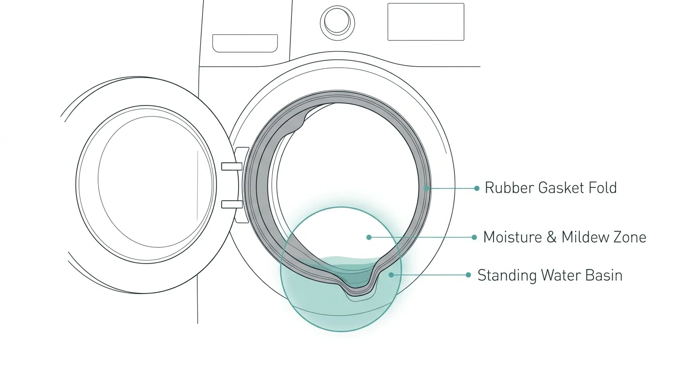 A clean cross-section diagram of a front-loading washing machine door gasket, highlighting where moisture pools and creates mold.